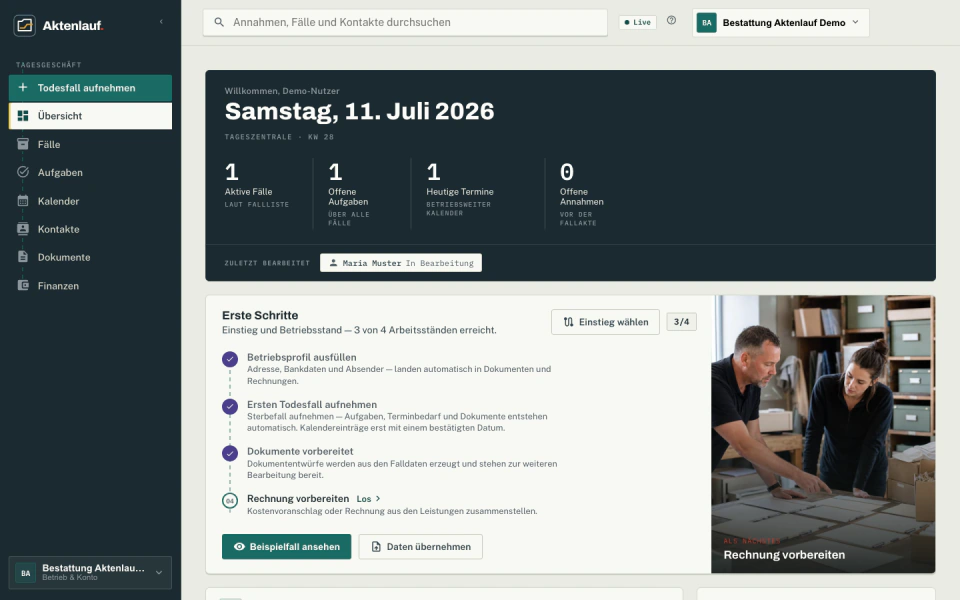 Aktenlauf-Tageszentrale im Desktop-Browser