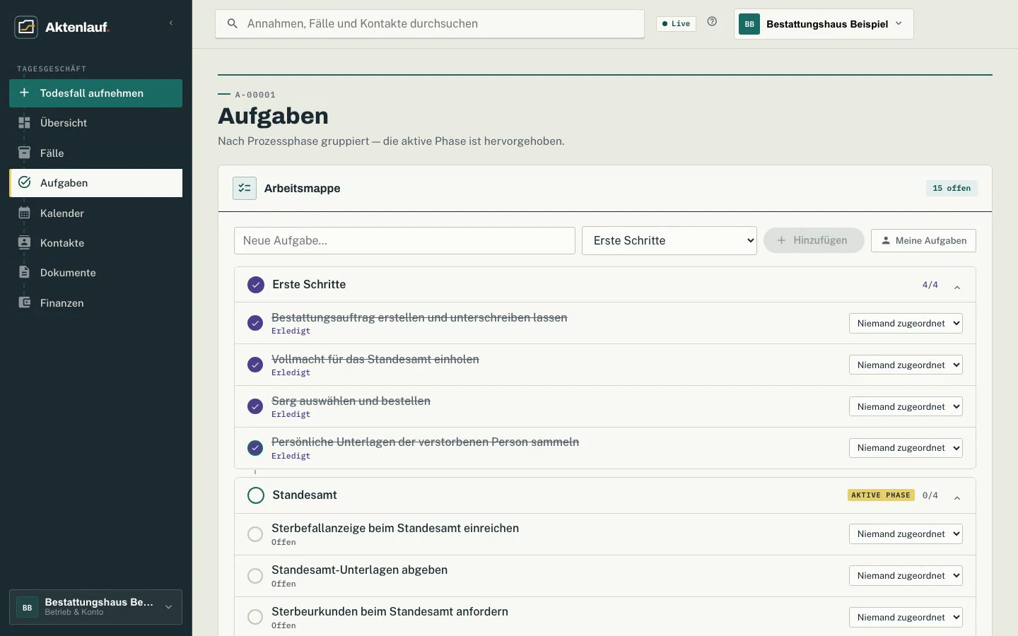 Aufgabenansicht mit hervorgehobener aktiver Phase